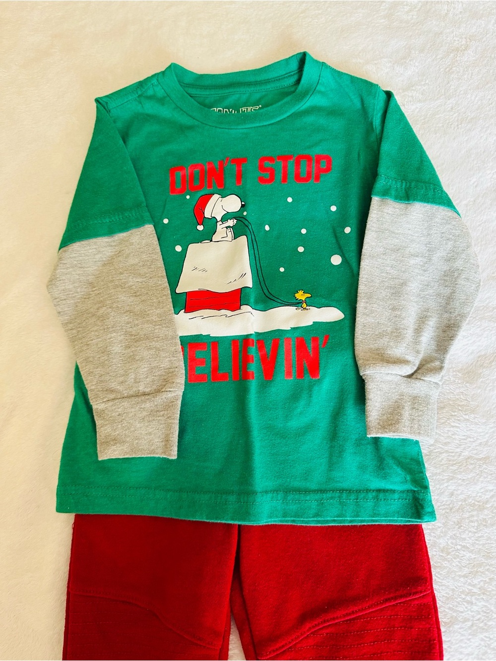 Peanuts Green and Gray Long Sleeve Kids Matching Set - Snoopy Holiday Tee